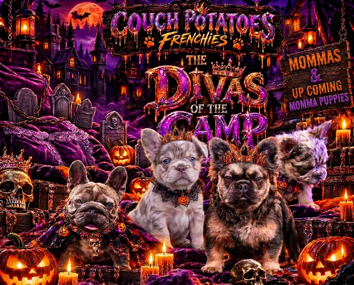 Couch Potatoes Frenchies — the Divas of the Camp, momma and upcoming momma pups in purple Halloween splendor